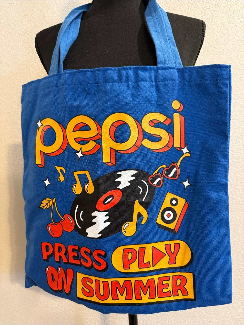 Pepsi Blue records summer Tote Bag Retro Yellow & Red Graphic 80’s vibe purse - Picture 5 of 6